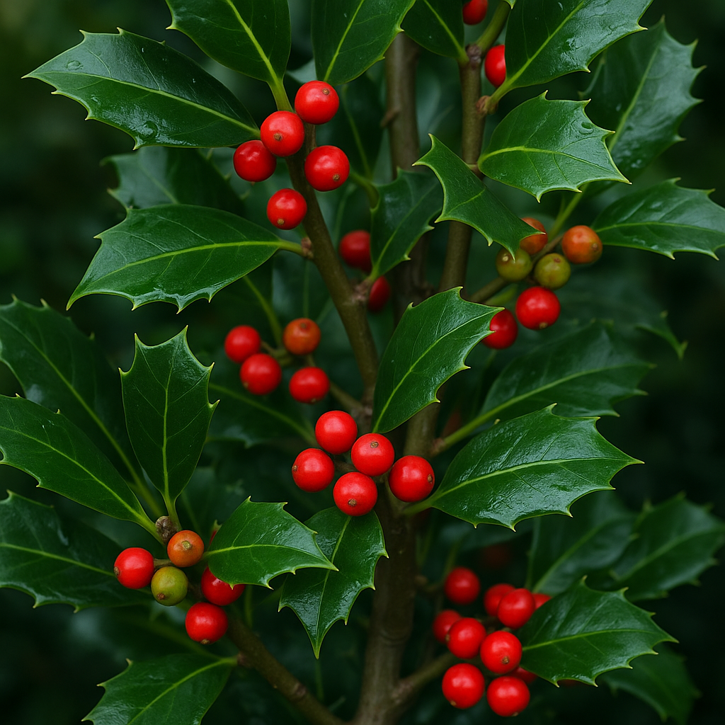 Houx Ilex aquifolium portant ses premières baies rouges en automne